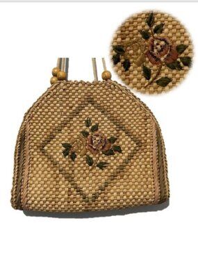 Vintage Boho Rafia Woven Straw Beach Bag w/ Rose Embroidery